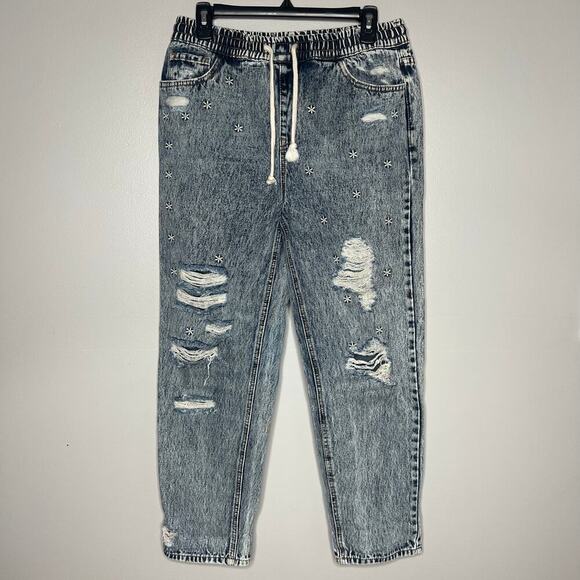 Easel Floral Embroidered Distressed Pull On Straight Leg Jeans Drawstring Sz Med - Picture 1 of 12